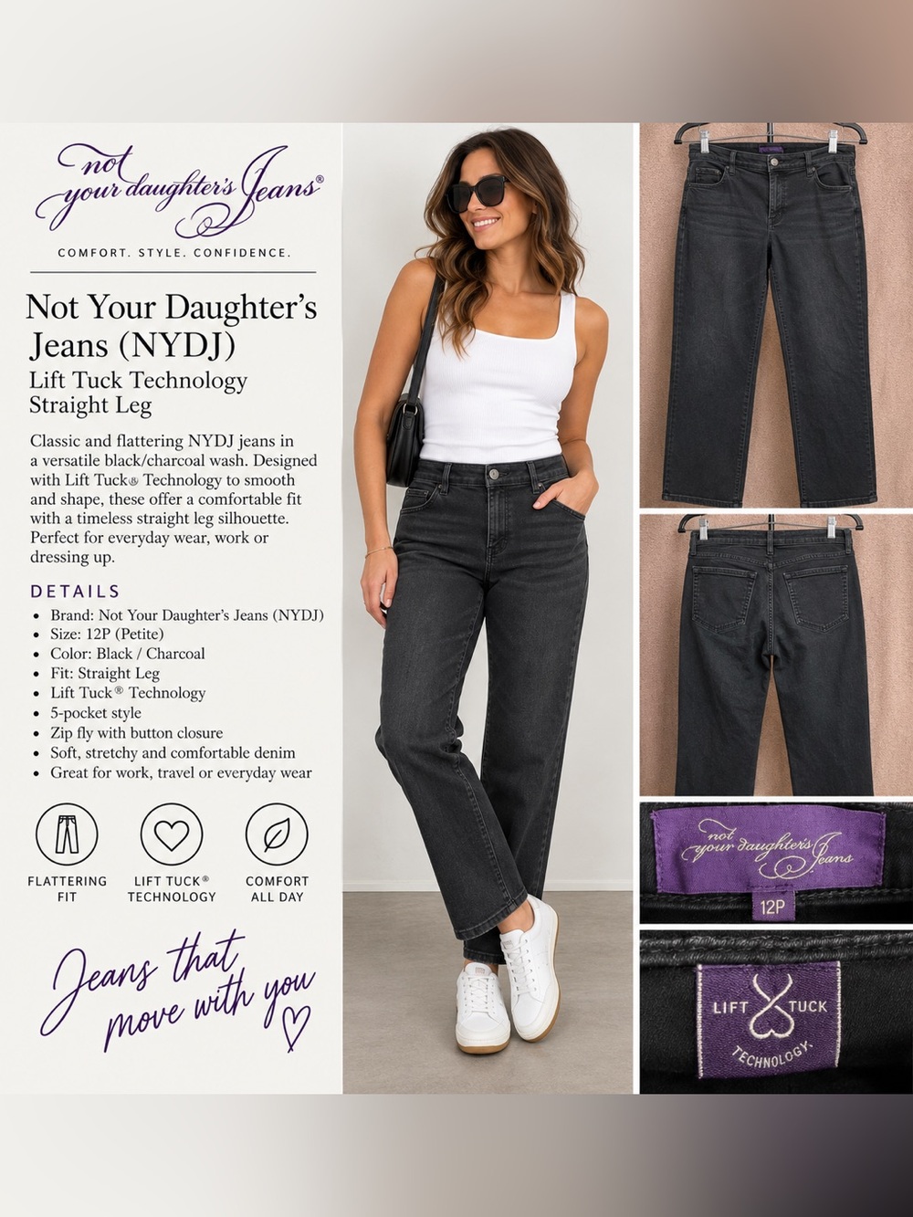 NYDJ Not Your Daughter’s Jeans Lift Tuck Black Straight Leg Jeans 12P Petite